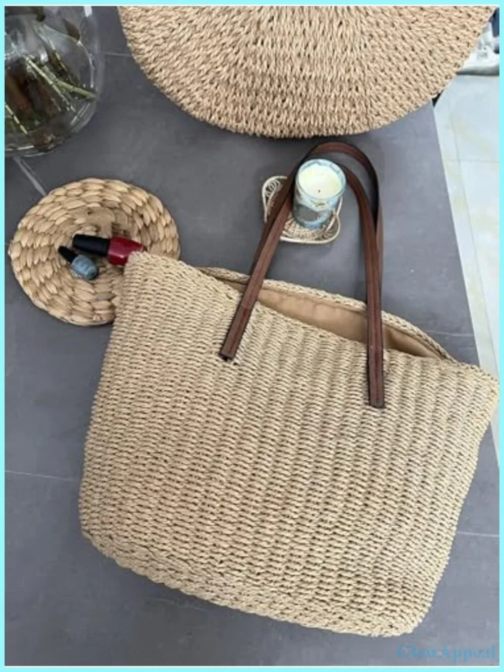 Woven Straw Travel Tote Bag for Women, Medium Sized Handmade Summer Shoulder Bag